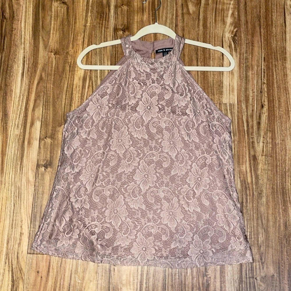 Cable & Gauge women’s blouse Large shirt dusty rose pink lace halter floral top